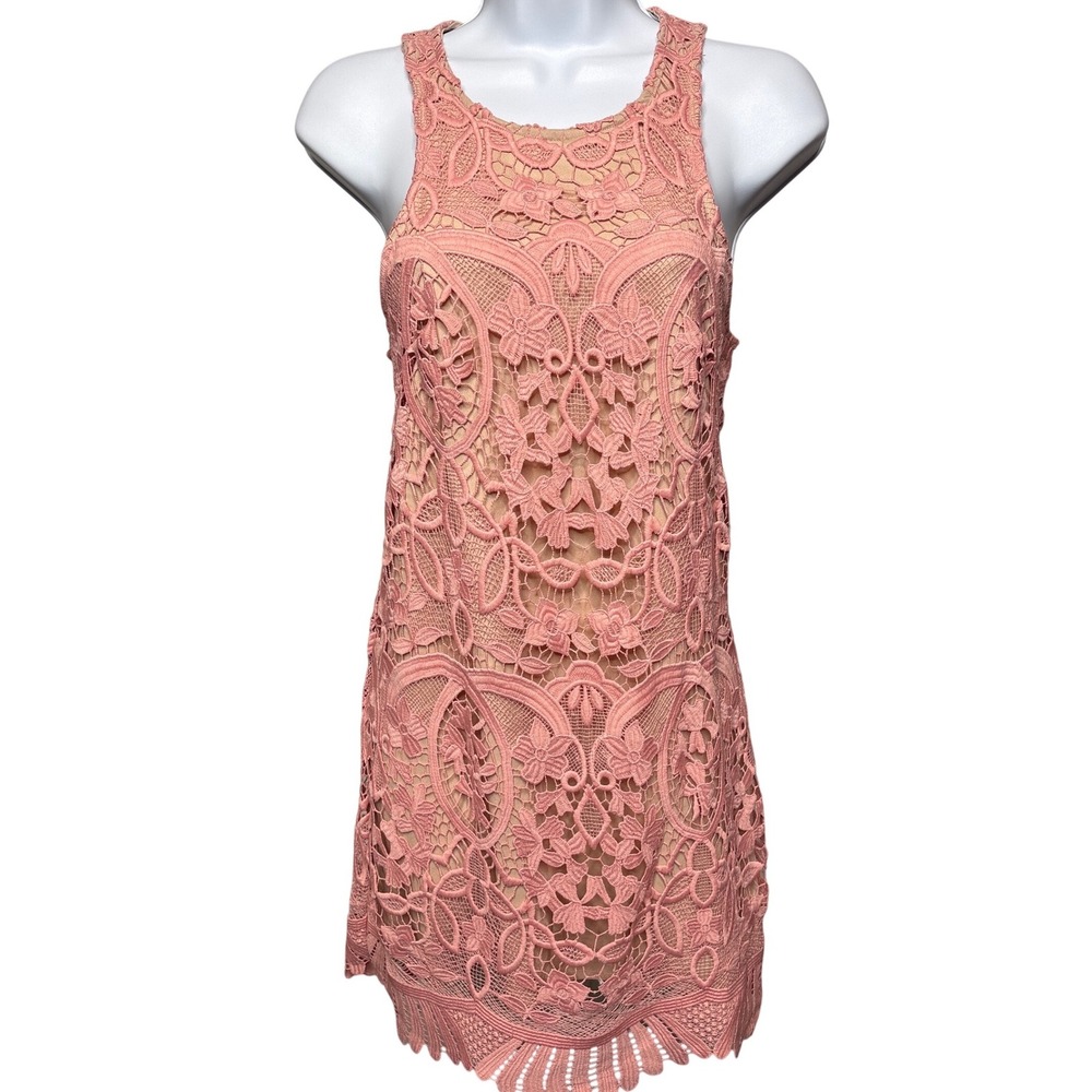 LOVERS + FRIENDS Pink Floral Lace Shift Mini Dress S Coquette Romantic Boho-Chic